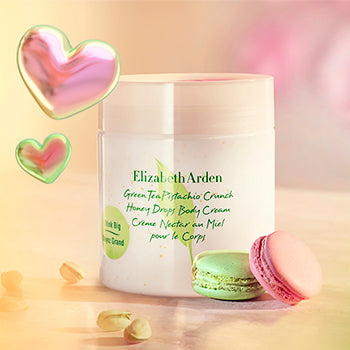 New Green Tea Pistachio Crunch Body Cream with macarons