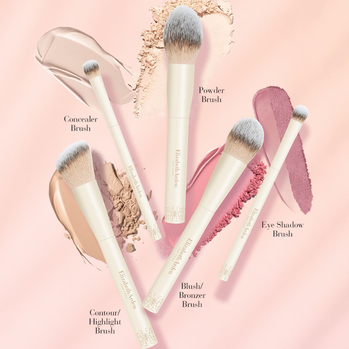 Elizabeth Arden New Brushes: Powder Brush, Eyeshadow Brush, Blush/Bronzer Brush, Contour/Highlight Brush, Concealer Brush.