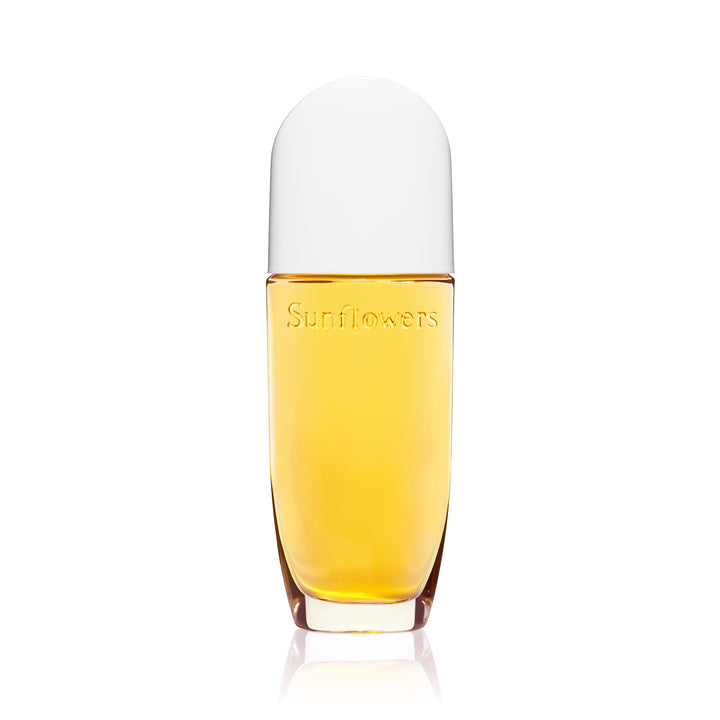 Bottle of 'Sunflowers' perfume with a white cap on a white background