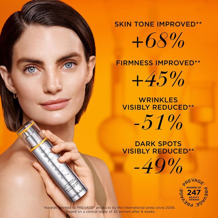Skin tone improved +68%**, firmness improved +45%**, wrinkles visibly reduced -51%**, dark spots visibly reduced -49** *Awards granted to PREVAGE products by the international press since 2006. **Based on a clinical study of 32 women after 8 weeks.