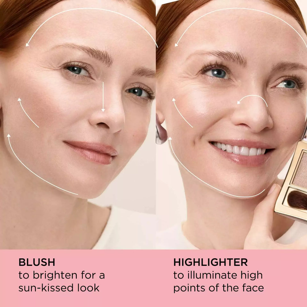 Application- Add Blush by sweeping across the forehead, down the sides of nose and up across jawline and cheekbones to brighten for a sun-kissed look. Use highlighter across forehead, across bridge of nose, upwards across jawline and cheekbones to illuminate high points of the face.