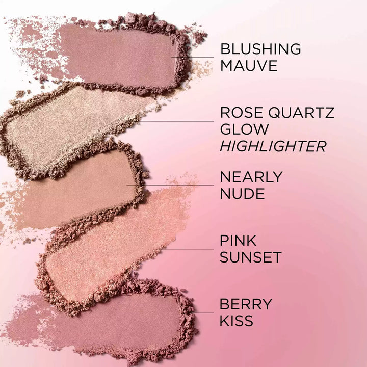 Shade Range- blushing mauve, rose quartz glow (highlighter), nearly nude, pink sunset and berry kiss