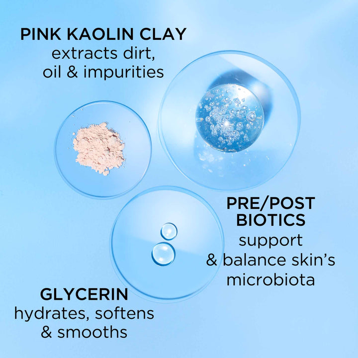 Ingredients-Pink Kaolin Clay extracts dirt, oil and impurities. Pre/post biotics support and balance skin's microbiota and glycerin hydrates, softens and smooths