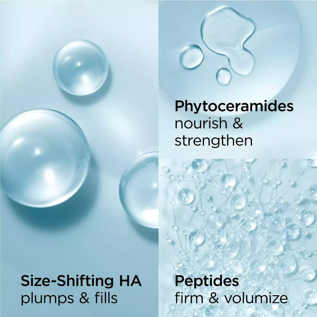 Key Ingredients include Size-shifting hyaluronic acid that plumps and fills, phytoceramides that nourish and strength, and peptides that firm and volumize