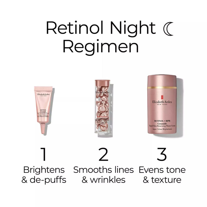 Retinol Night Regimen. Step 1, use Retinol Eye Cream to bright and depuff. Step 2, use Retinol Ceramide Capsules to smooths lines and wrinkles. Step 3, use Retinol HPR Water Cream to even tone and texture.