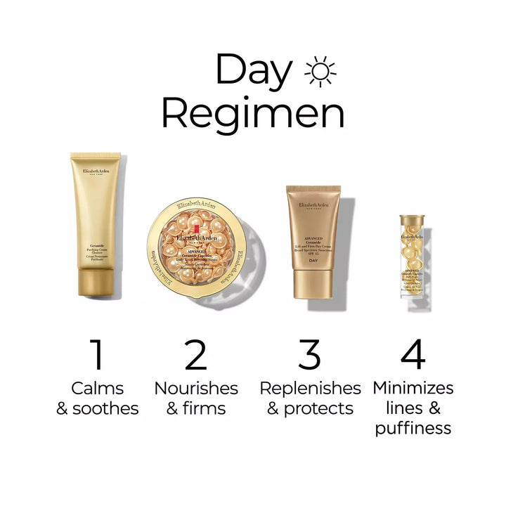Advanced Ceramide Day Regimen. Step 1, apply cleanser to calm and sooth. Step 2, twist, squeeze and apply Advanced Ceramide Capsules to nourish and firms. Step 3, apply Advanced Ceramide Lift and Firm SPF 15 Cream to replenish and protect. Step 4, twist, squeeze and apply Advanced Ceramide Eye Capsule to minimize lines and puffiness.