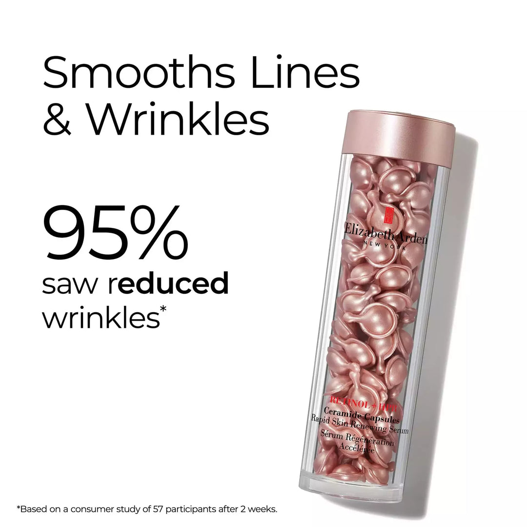 Retinol HPR Ceramide Capsules smooths lines and wrinkles. 95% saw reduced wrinkles* *Based on a consumer study of 57 participants after 2 weeks.