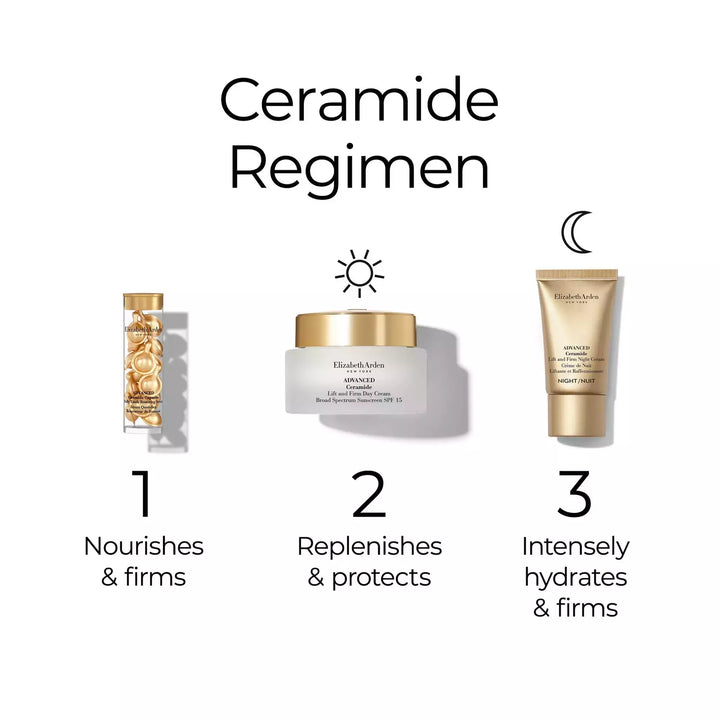 Ceramide Regimen. Step 1, twist, squeeze and apply the Advanced Ceramide Capsules to nourish and firm. Step 2, apply Advanced Ceramide Lift and Firm Day Cream SPF15 to replenish and protect in the daytime. Step 3, apply Advanced Ceramide Lift and Firm Night Cream to intensely hydrate and firm in the night time.