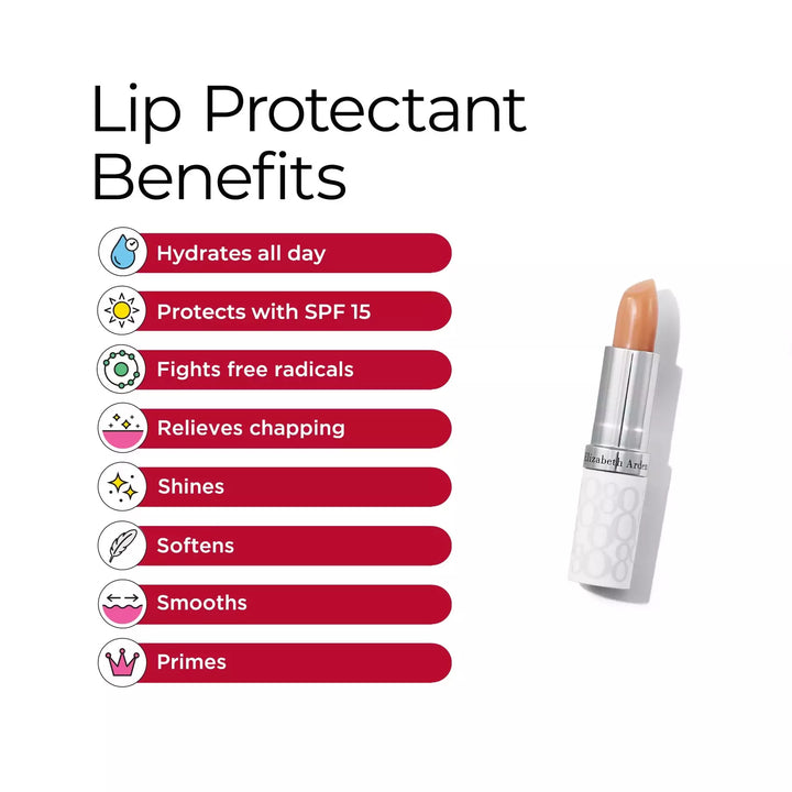 Eight Hour Lip Protectant Benefits includes hydration all day, protection with SPF15, fights free radicals, chapping relief, shines, softens, smooths and primes.