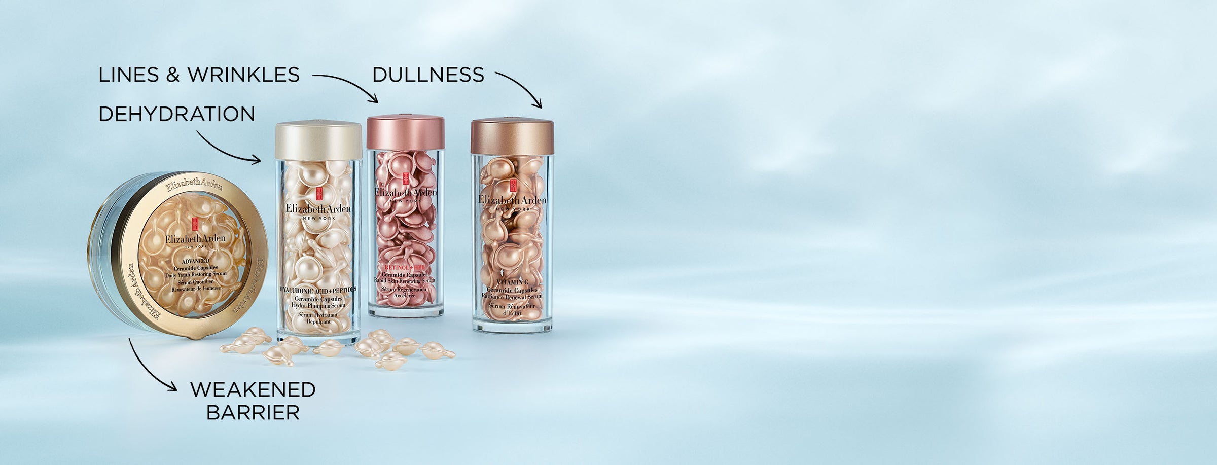 Ceramide Capsules Collection Concerns. To target weakened barrier, use Advanced Ceramide Capsules. To target dehydration, use Hyaluronic Acid + Peptides Capsules. To target lines and wrinkles, use Retinol + HPR Capsules. To target dullness, use Vitamin C Capsules.