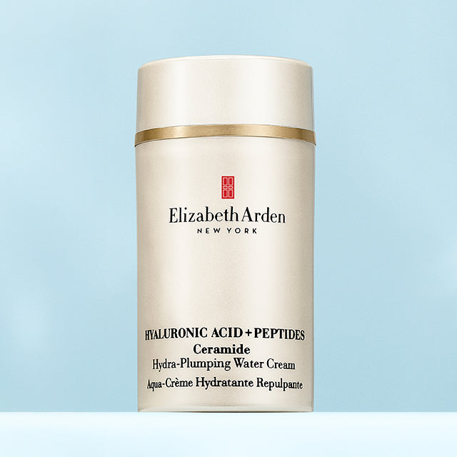 Hyaluronic Acid + Peptides Ceramide Capsules and water cream jar on a light blue background