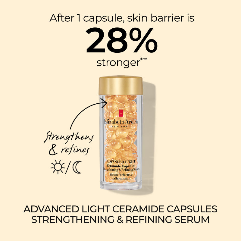 Advanced Light Ceramide capsules strengthening and refining serum. after 1 capsule, skin barrier is 28% stronger. strengthens and refines. 