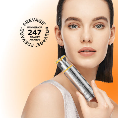 Image featuring model holding Prevage Anti Aging Daily Serum 2.0 with header Celebrate Prevage and seal stating Prevage - winner of 247 beauty awards