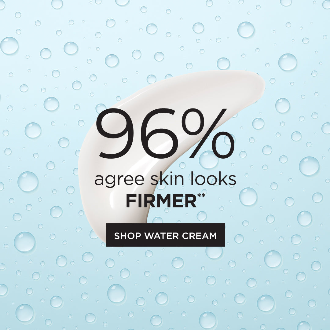 Benefit for the HA Water Cream "96% agree skin looks firmer**" with CTA "SHOP WATER CREAM" on light blue water droplet background. 