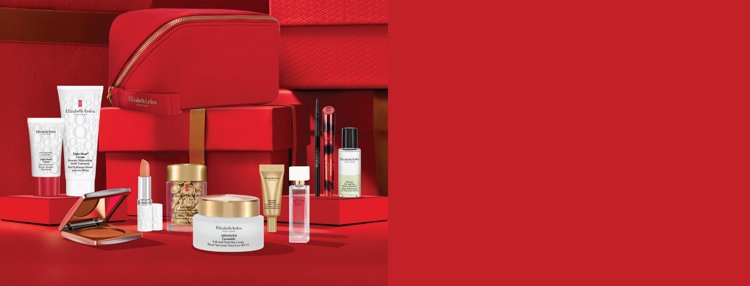 Collection of Elizabeth Arden skincare and makeup products with beauty bag on a red background
