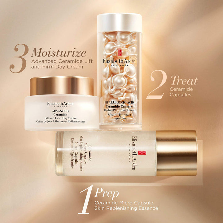 1 Prep with Ceramide Micro Capsule Skin Replenishing Essence, 2 Treat with your choice of Ceramide Capsules and 3 Moisturise with Advanced Ceramide Lift and Firm Day Cream
