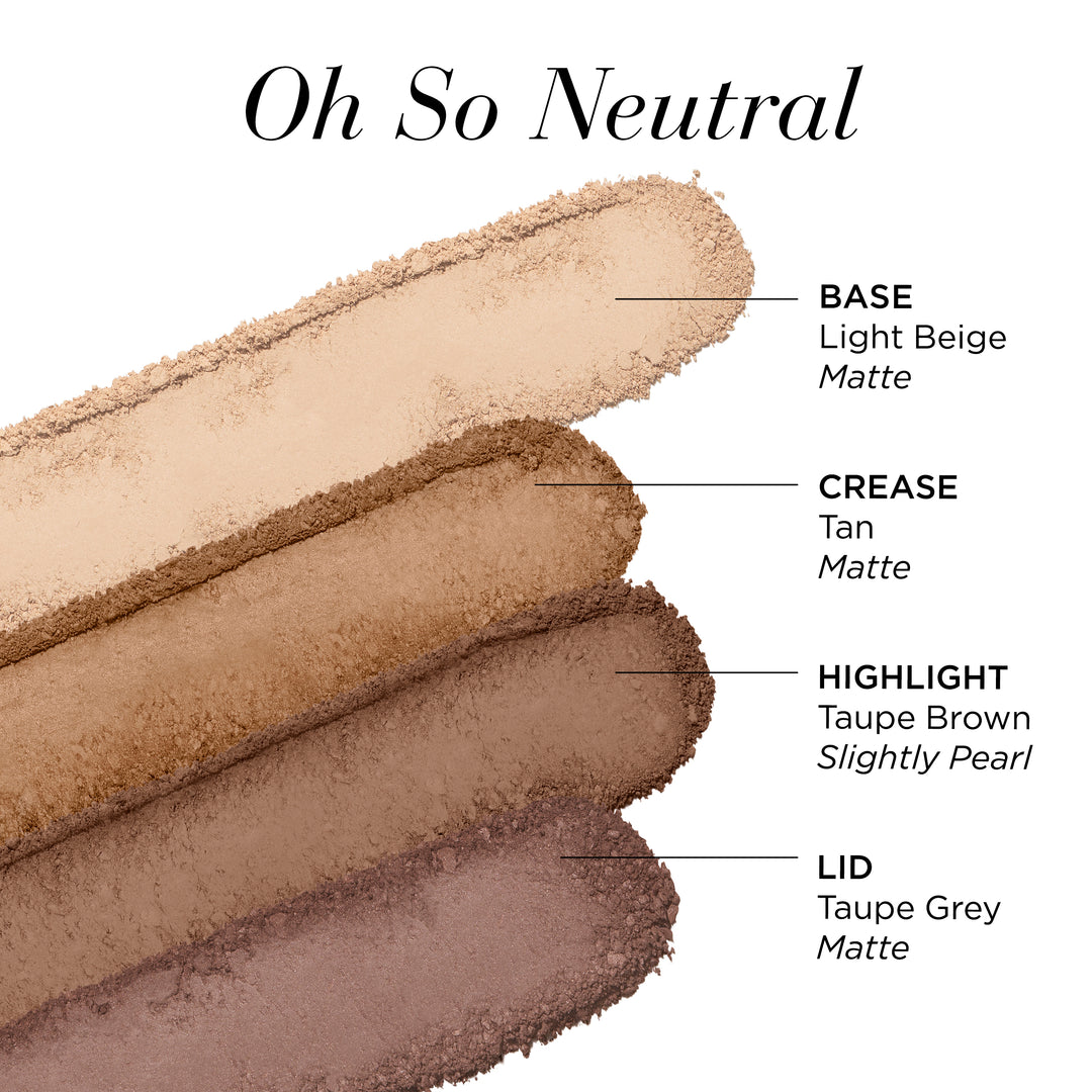 Oh So Neutral. Base: Light Beige Matte. Crease: Tan, Matte. Highlight: Taupe Brown, Slightly Pearl. Lid: Taupe Grey, Matte.