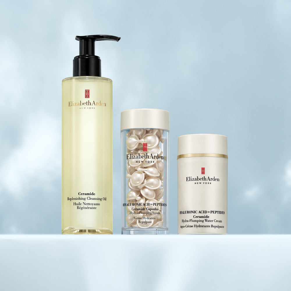 Three Elizabeth Arden skincare products on a light blue background