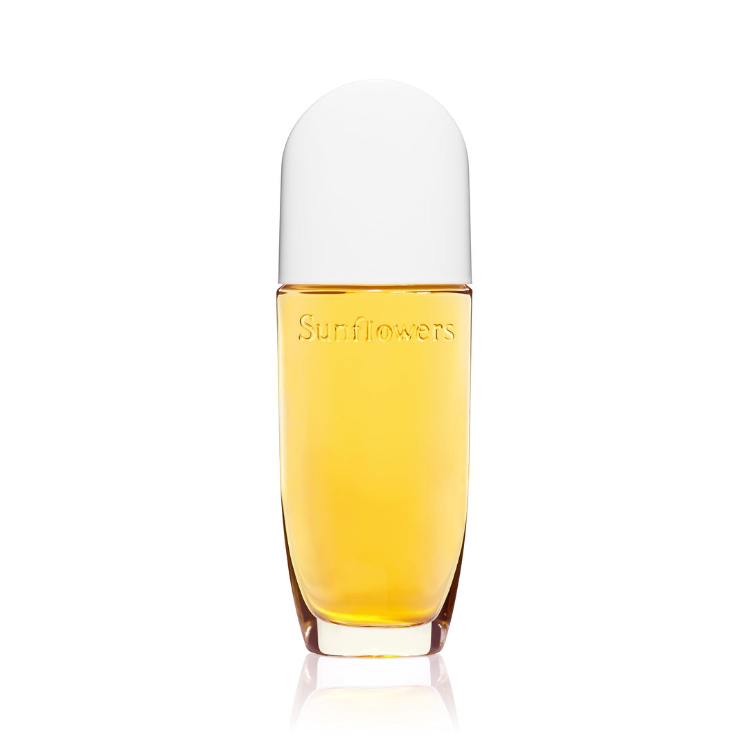 Bottle of 'Sunflowers' perfume with a white cap on a white background