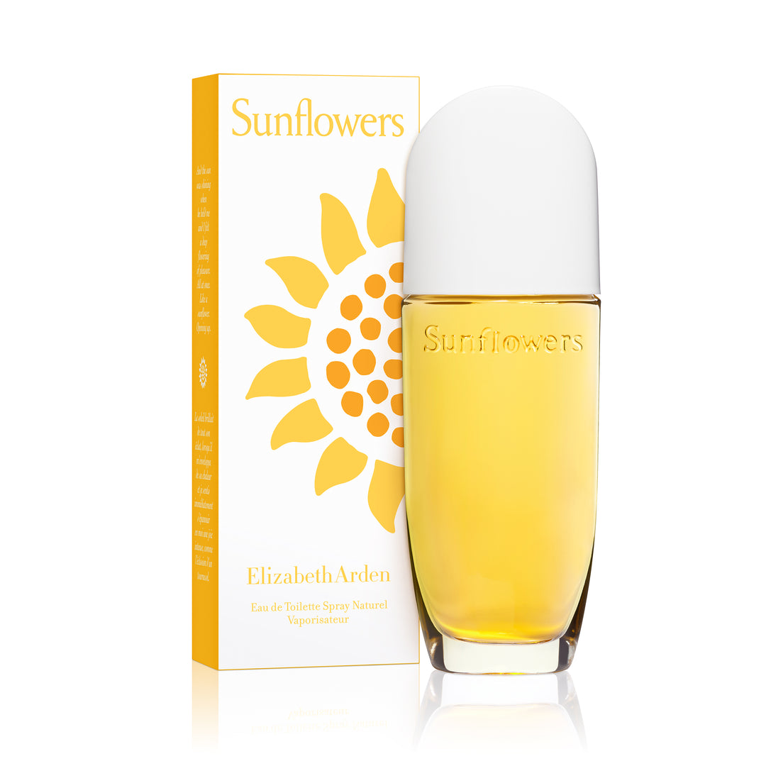 Elizabeth Arden Sunflowers perfume bottle and packaging on a white background