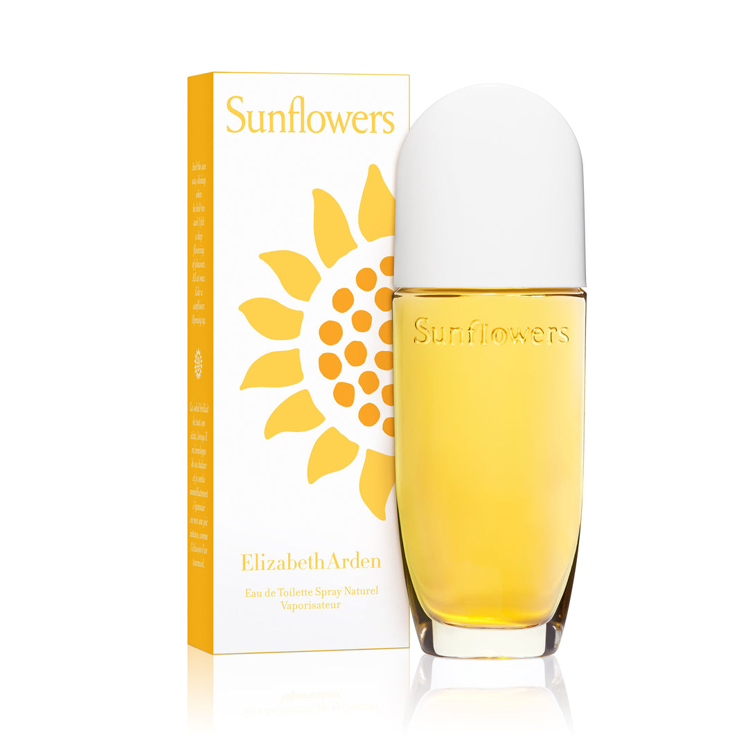 Elizabeth Arden Sunflowers perfume bottle and packaging on a white background