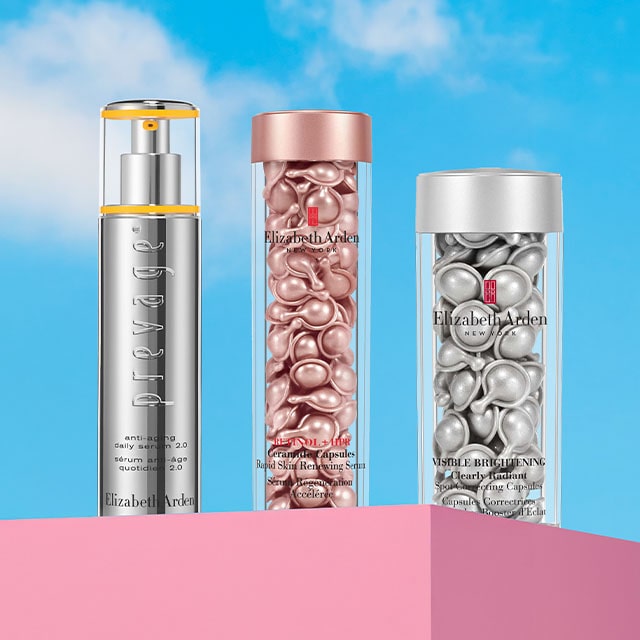Three Elizabeth Arden skincare products on a blue and pink gradient background