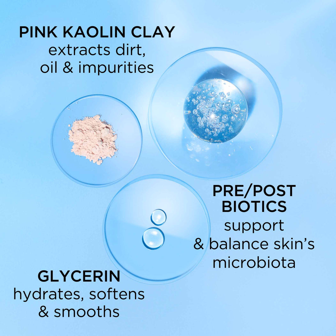 Ingredients-Pink Kaolin Clay extracts dirt, oil and impurities. Pre/post biotics support and balance skin's microbiota and glycerin hydrates, softens and smooths