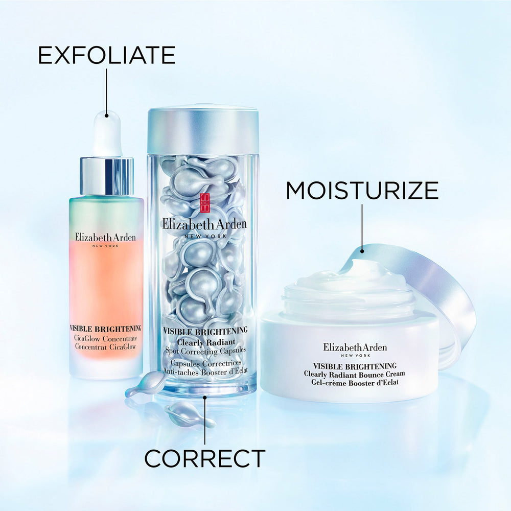 Regimen-Exfoliate with Visible Brightening Cicaglow Concentrate, Correct with Visible brightening Radiant Capsules and Moisturize with bounce cream