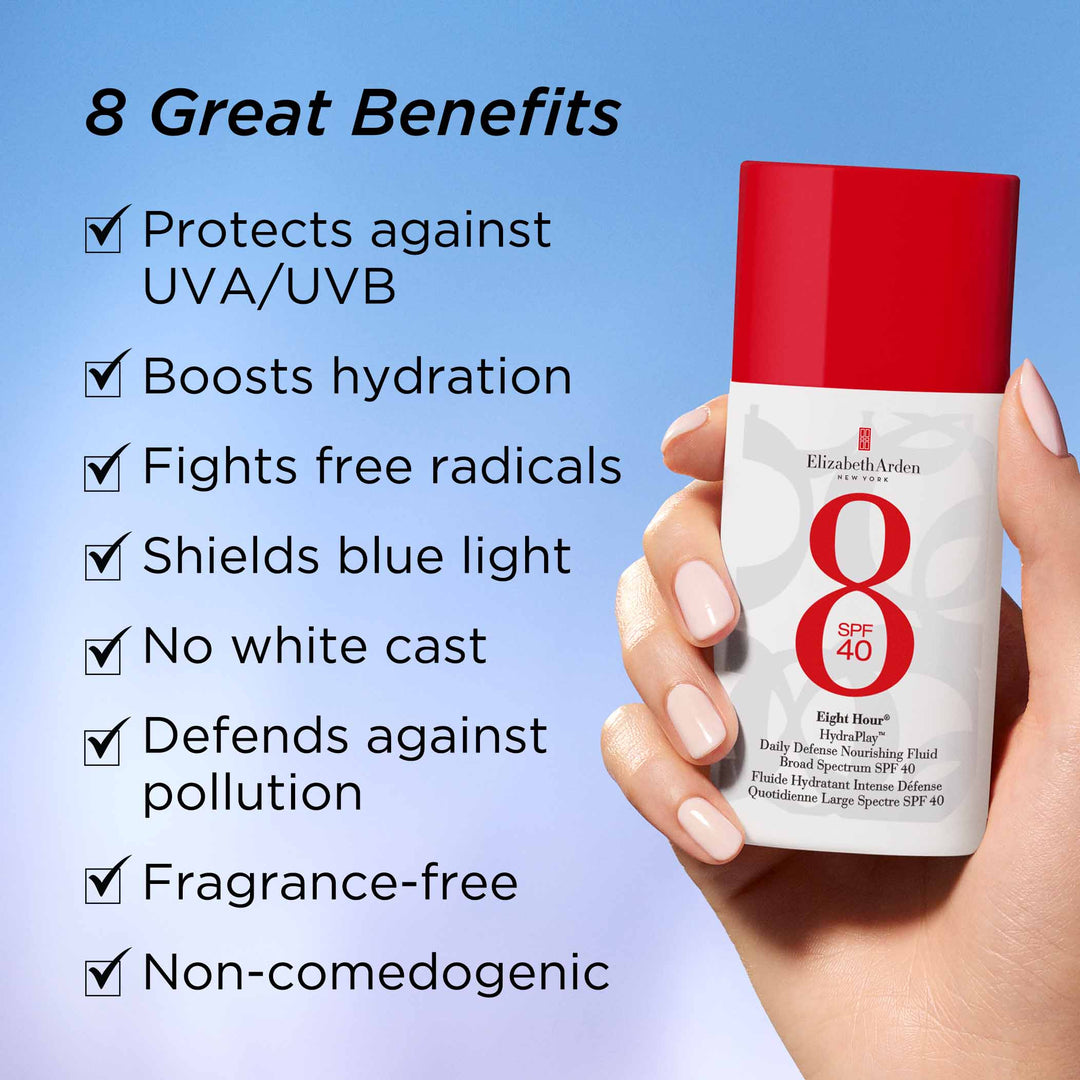 8 Great Benefits. Protects against UVA/UVB rays, boosts hydration, fights free radicals, shields blue light, no white cast, defends against pollution, fragrance-free and non-comedogenic