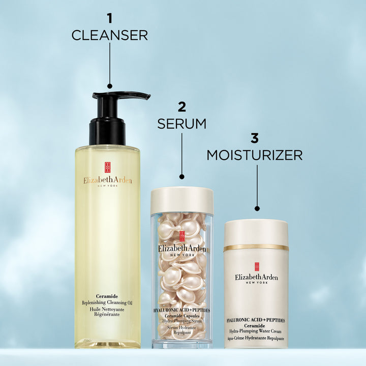 Step 1, Clean face with Ceramide Cleansing Oil. Step 2, Apply Hyaluronic Acid + Peptides Serum. Step 3, Apply Hyaluronic Acid + Peptides Water Cream