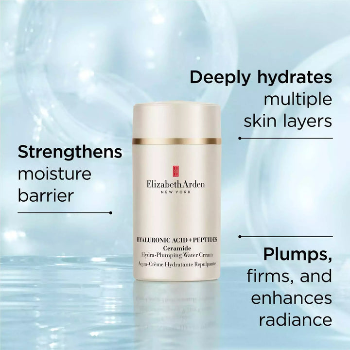 Hyaluronic Acid + Peptides Ceramide Hydra-lumping Water Cream deeply hydrates multiple skin layers, strengthens moisture barrier and plumps, firms, and enhances radiance