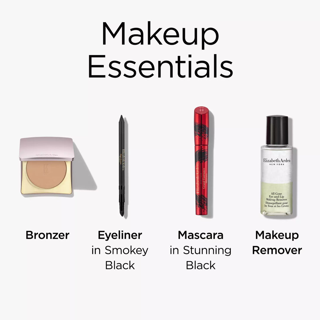 Makeup Essentials includes Flawless Finish bronzer for all skin shades, eyeliner in shade smokey black, grand entrance mascara in shade stunning black and our makeup remover