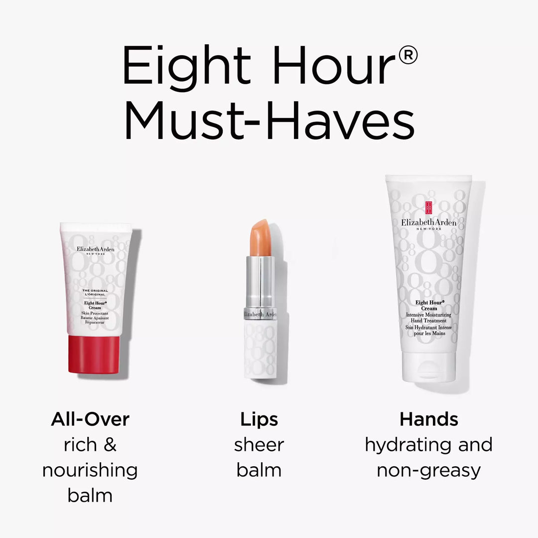 Eight Hour Must Haves includes skin protectant for all-over rich and nourishing balm, lip protectant as a sheer balm with SPF and hand treatment for hydrating and non-greasy hands.