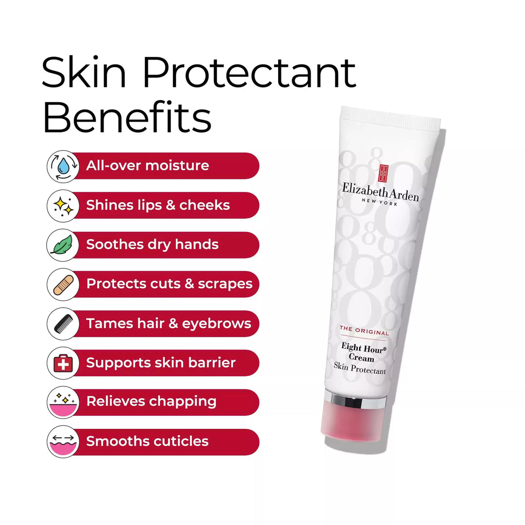 Eight Hour Skin Protectant Benefits includes all-over moisture, shines lips and cheeks, soothes dry hands, protects cuts and scrapes, tames hair and eyebrows, supports skin barrier, relieves chapping and smooths cuticles.