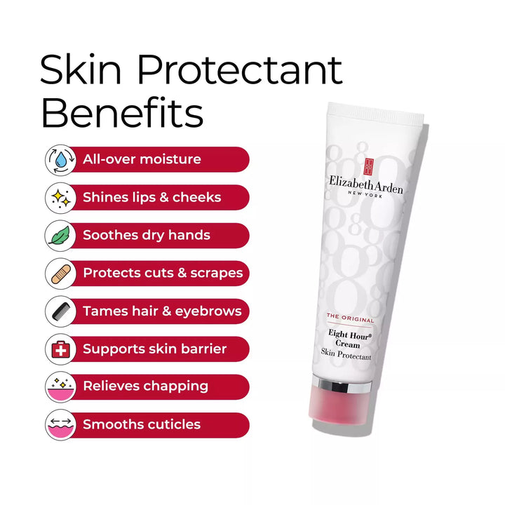 Eight Hour Skin Protectant Benefits includes all-over moisture, shines lips and cheeks, soothes dry hands, protects cuts and scrapes, tames hair and eyebrows, supports skin barrier, relieves chapping and smooths cuticles.
