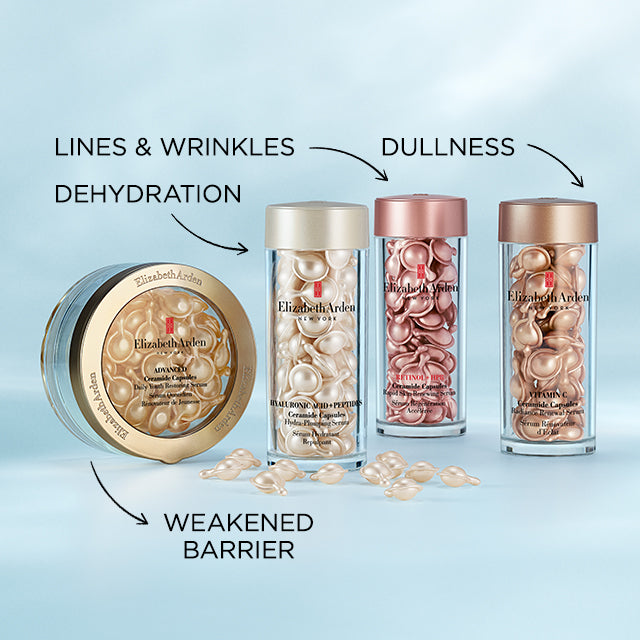 Ceramide Capsules Collection Concerns. To target weakened barrier, use Advanced Ceramide Capsules. To target dehydration, use Hyaluronic Acid + Peptides Capsules. To target lines and wrinkles, use Retinol + HPR Capsules. To target dullness, use Vitamin C Capsules.